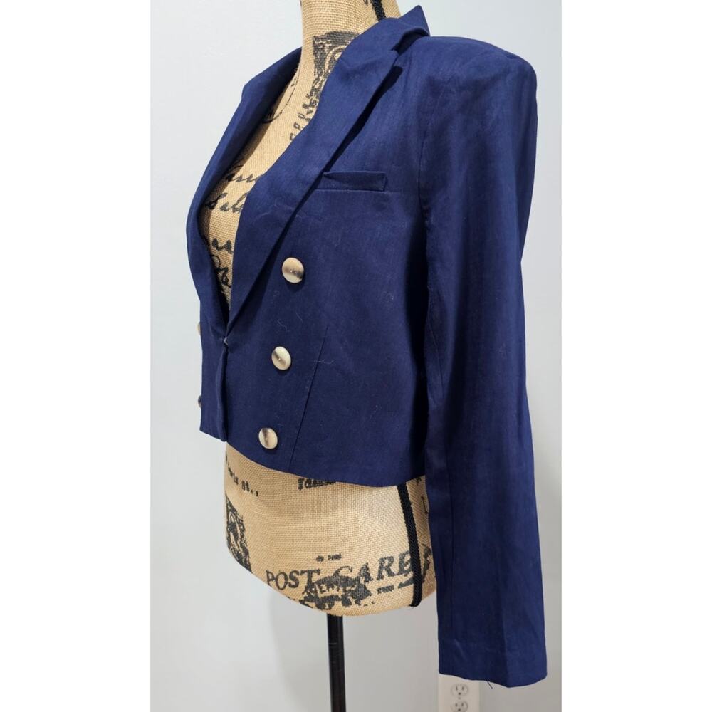 House of Harlow 1960 Blue Linen Cropped Blazer, Wood like Buttons, Sz S - Picture 2 of 10
